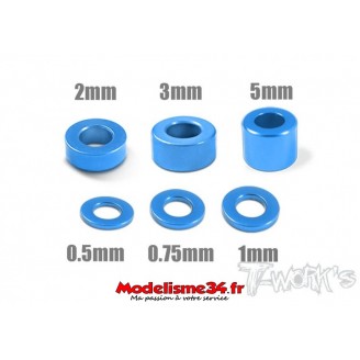 T-Work's Entretoises alu 3mm bleues en 0.5, 0.75, 1, 2, 3, et 5mm - TA0012B