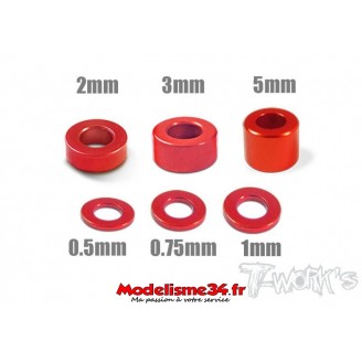 T-Work's Entretoises alu 3mm rouges en 0.5, 0.75, 1, 2, 3, et 5mm - TA012R
